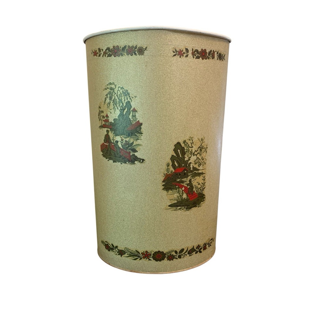 Vintage Gold Ransburg Chinoiserie Asian Oval Metal Trash Waste Basket MCM 12in